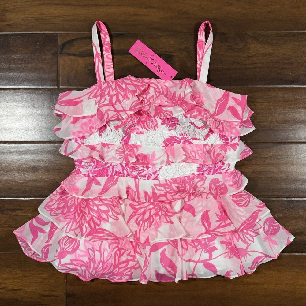 Lilly Pulitzer Women's Size 6 Pink Resort White Caliente Olive Ruffle Tiered Top
